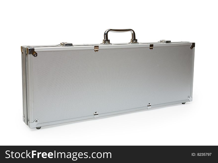 Grey metallic briefcase isolated on white background
