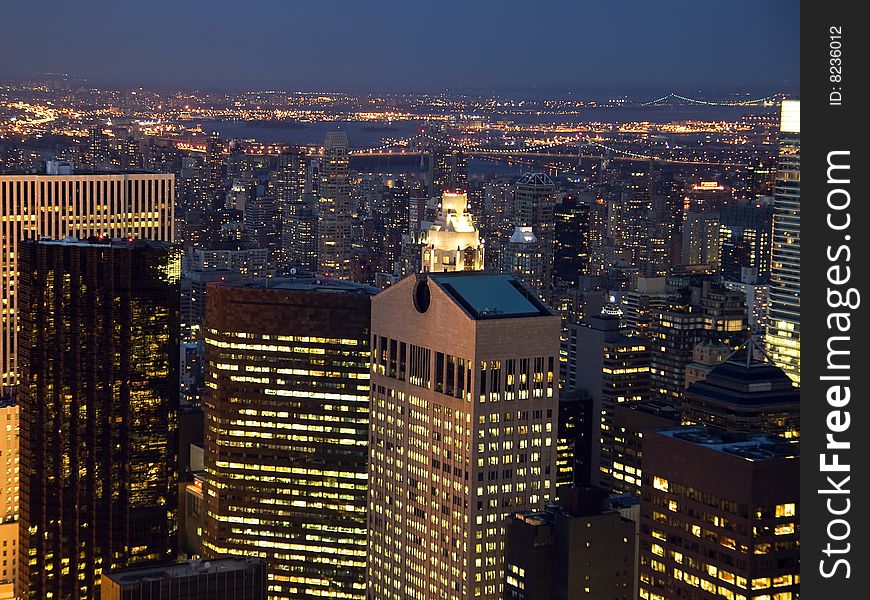 Aerial view of the metropolis of New York at dusk.