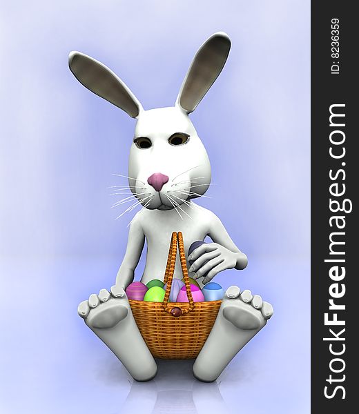 Cartoon easter bunny with a basket with eggs