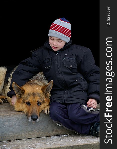 Boy and his friend - the large dog. Boy and his friend - the large dog