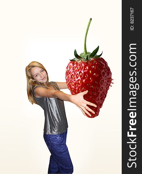 Girl in the white background holds great berry strawberry. Girl in the white background holds great berry strawberry