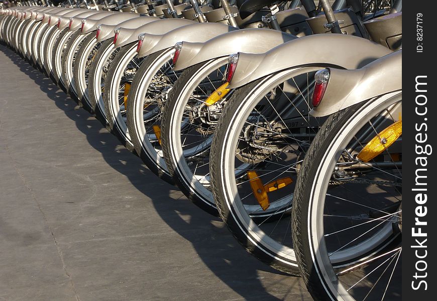 Bicycles for rent in a perfect row, Paris. Bicycles for rent in a perfect row, Paris.