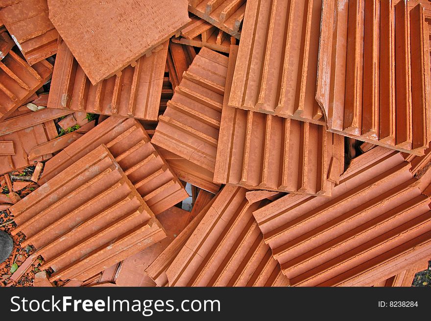 Heap of broken bricks left on the ground