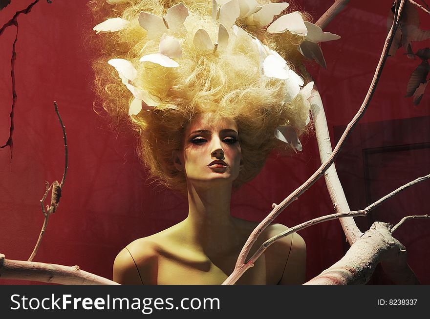 Model with beautiful decoration on head, fantastic hair