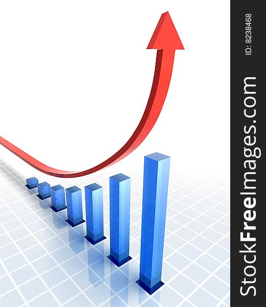 3D rendered abstract financial diagram and ascending arrow. 3D rendered abstract financial diagram and ascending arrow
