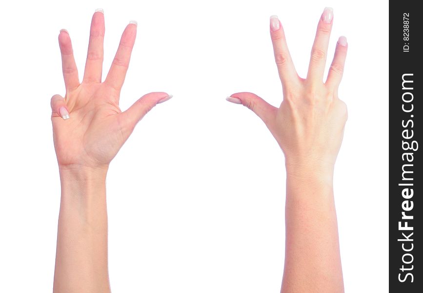 Female hands counting. Number 4