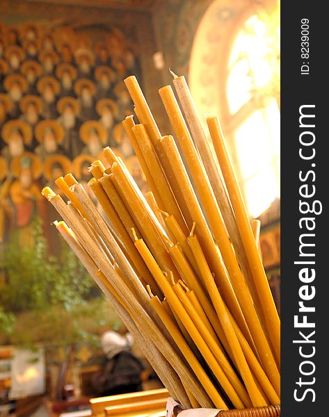 Candles are part of Christian Orthodox Worship. The picture was taken in the UNESCO monastery complex Kiev Pechersk Lavra in Kiev, UA. Candles are part of Christian Orthodox Worship. The picture was taken in the UNESCO monastery complex Kiev Pechersk Lavra in Kiev, UA