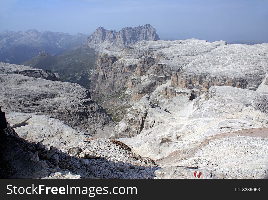 View from Piz Boe, Sella group, a white dolomite peak in Italy. View from Piz Boe, Sella group, a white dolomite peak in Italy