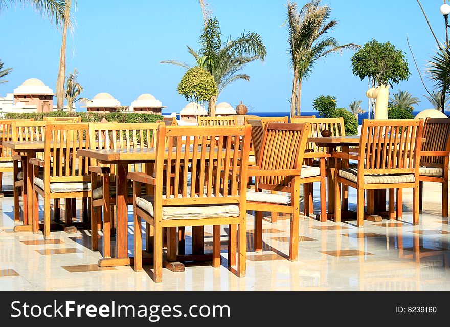Restaurant is outdoors ashore the Red sea. Restaurant is outdoors ashore the Red sea