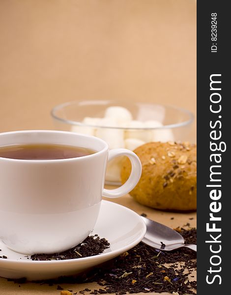 Cup of tea, mozzarella and bread closeup