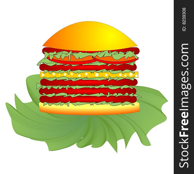 Big appetizing hamburger isolated on a white background, illustration.