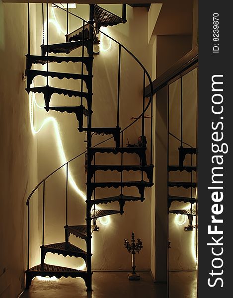 Indoor winding spiral staircase with light wires