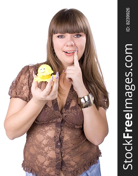 The young beautiful businesswoman at office behind work on a white background. The young beautiful businesswoman at office behind work on a white background