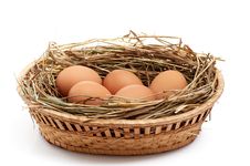 Chicken Eggs And Hay In The Brown Basket . Stock Images Chicken Eggs And Hay In The Brown Basket . Stock Images