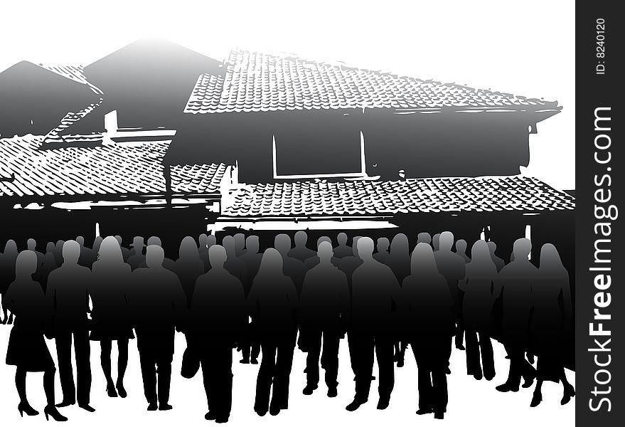 Illustration of people and house