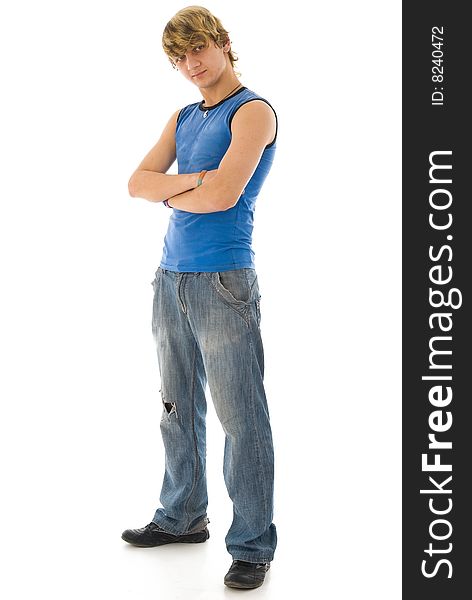 Techtonik danser in blue shirt and jeans, isolated on white. Techtonik danser in blue shirt and jeans, isolated on white
