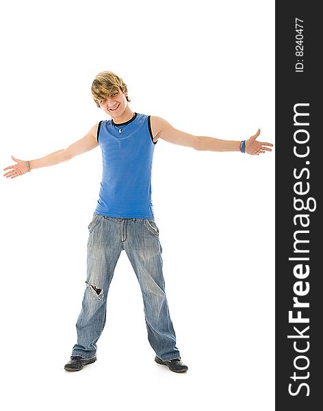 Tecktonik dancer feels the freedom, isolated on white background