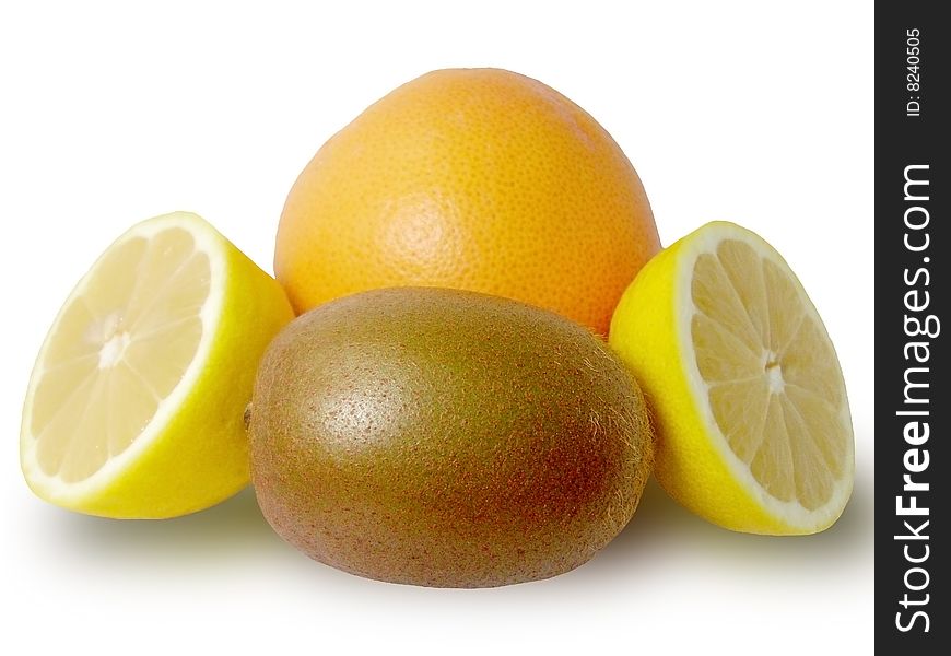 Grapefruit, kiwi and two half of lemon over white background. Grapefruit, kiwi and two half of lemon over white background