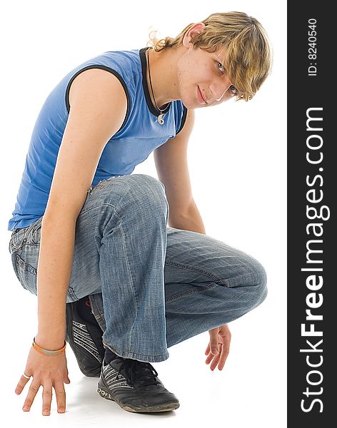 Tecktonik dancer in blue jeans, isolated on white