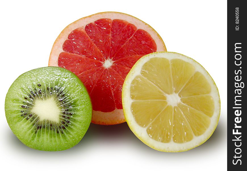 Slices of grapefruit, kiwi lemon over white background. Slices of grapefruit, kiwi lemon over white background