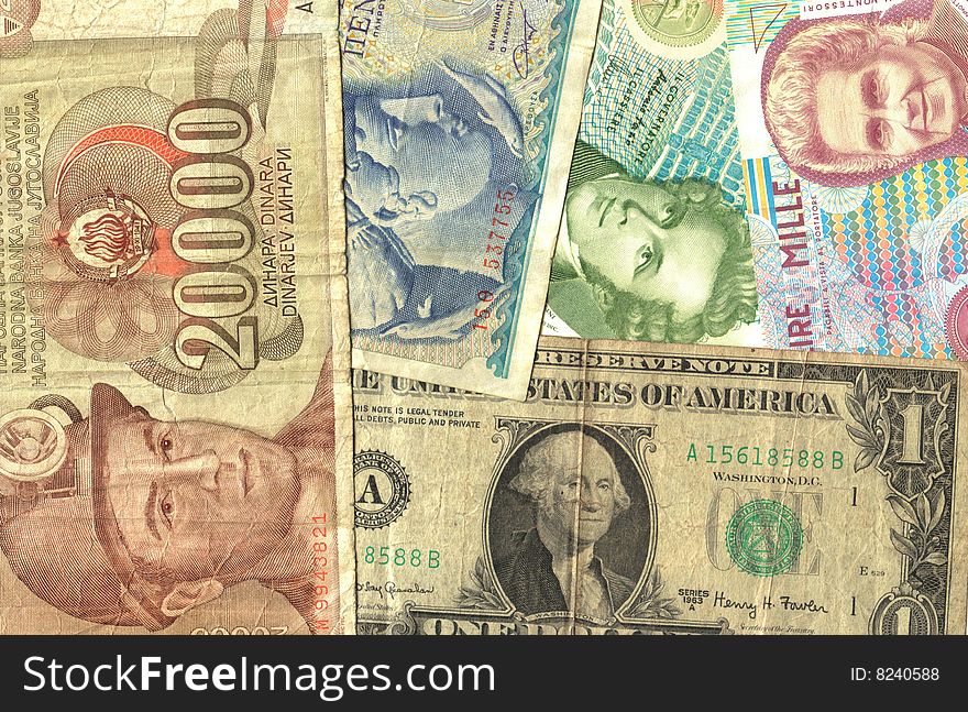 Banknotes background: dollar, lire, dinar. Banknotes background: dollar, lire, dinar