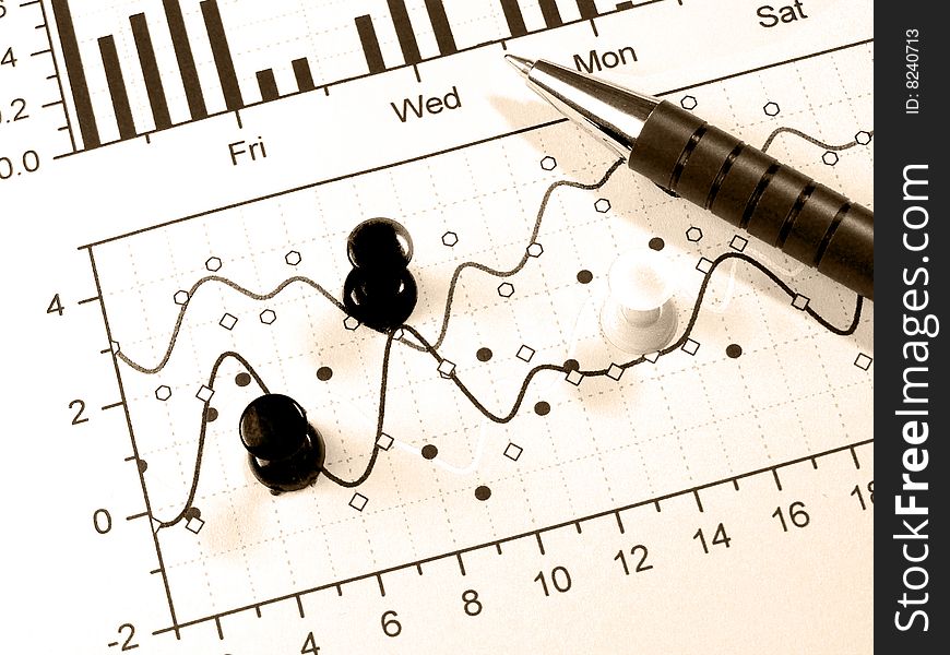 Pen and drawing-pins against the chart, in sepia. Pen and drawing-pins against the chart, in sepia.