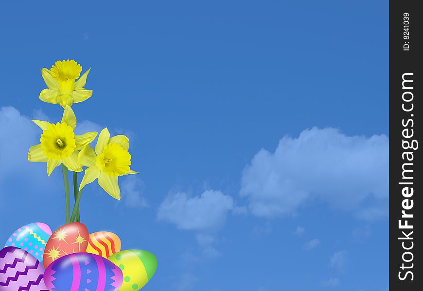 Easter Eggs and Daffodils against sky background