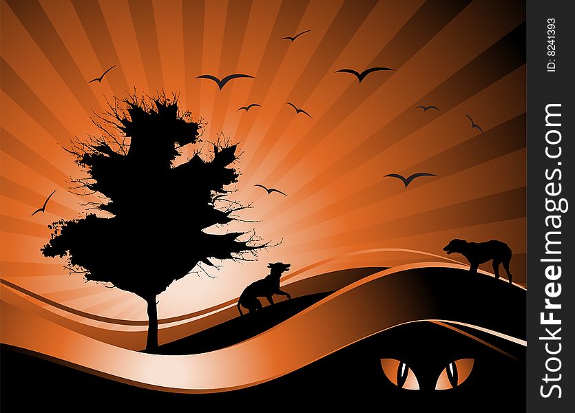 Old tree silhouette, season background, vector illustration