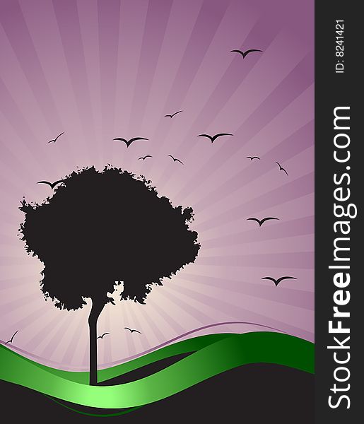 Old tree silhouette, season background, vector illustration