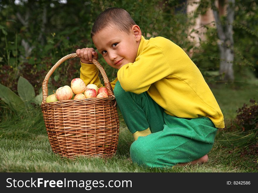 Little boy with apples outdoors