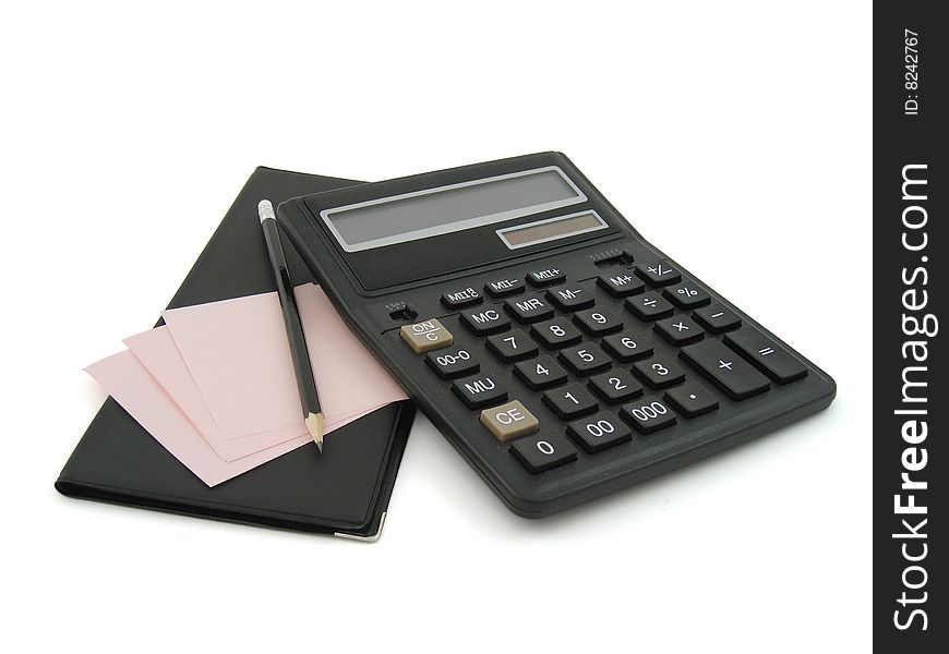 Calculator and pensil, white background, isolated