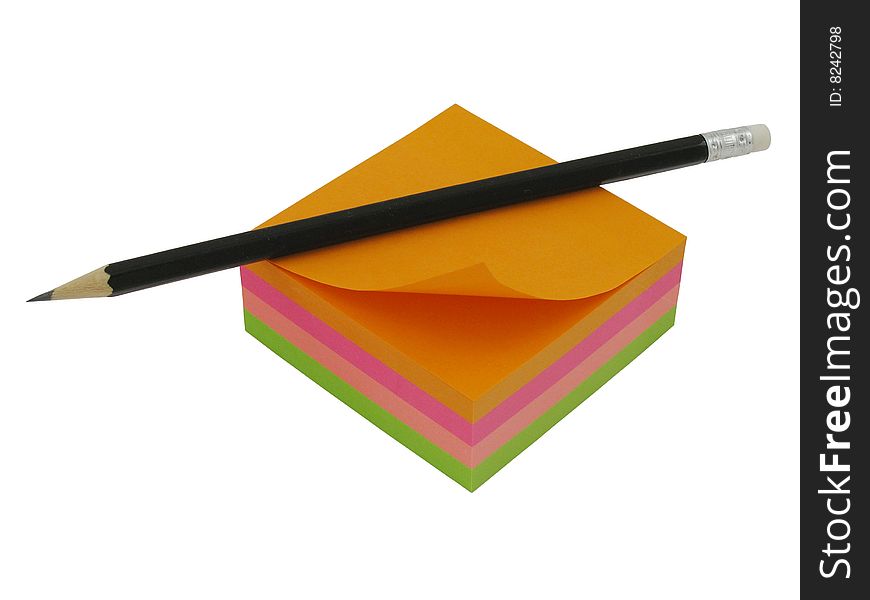 Pencil and orange sticker, white background, isolated