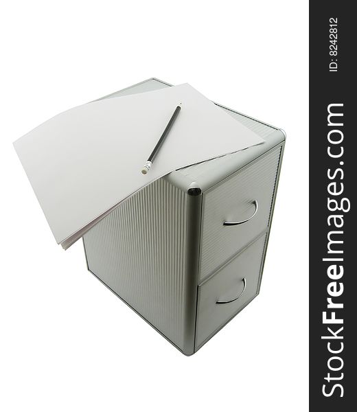 Office, metal box and paper, white background, isolated