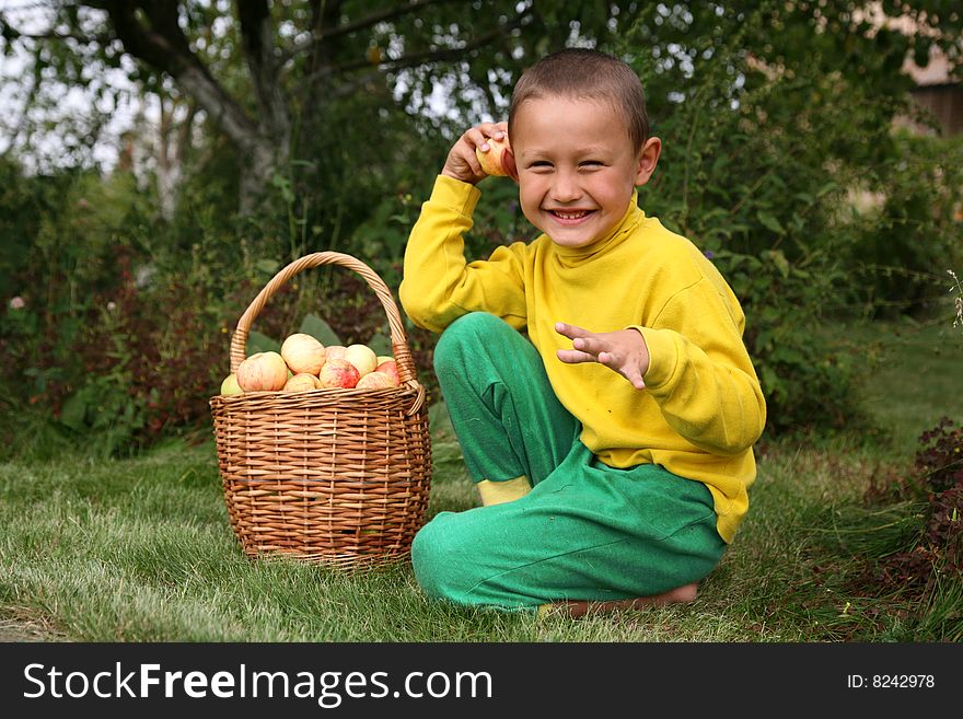 Little boy with apples outdoors