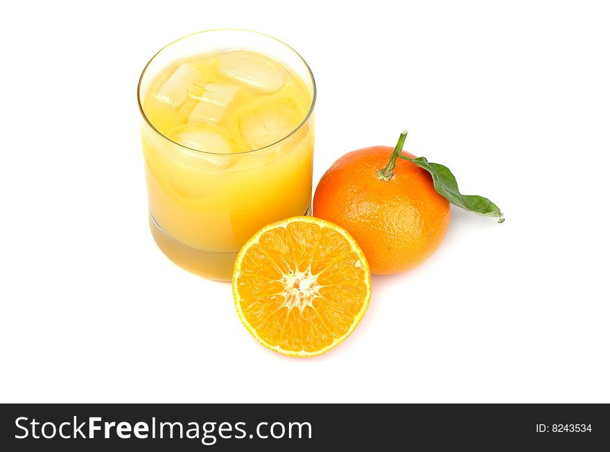 Tangerines and juice from tangerines on a white background