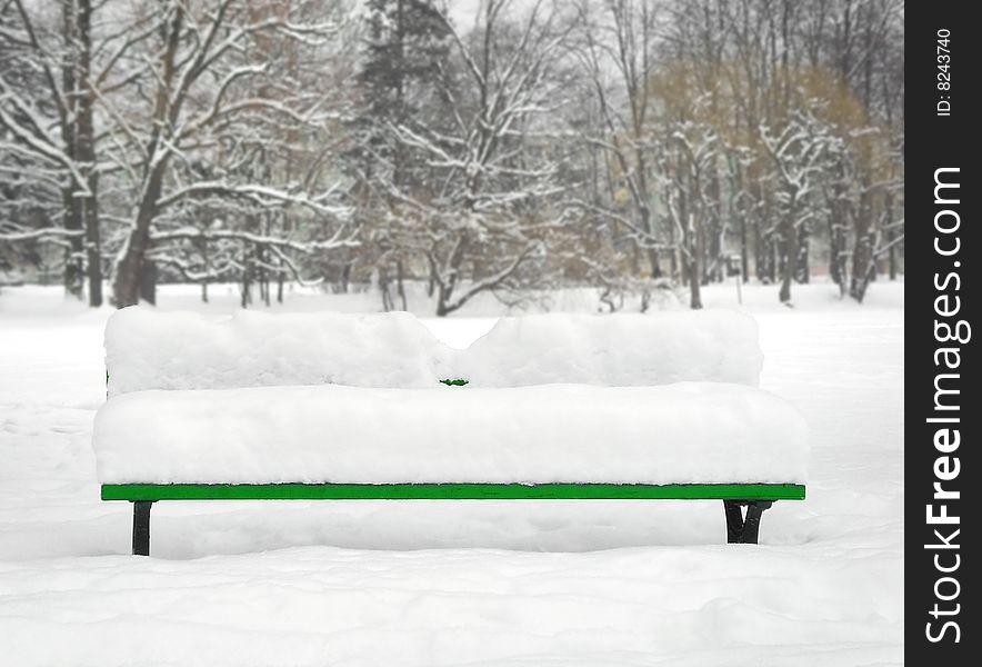 Green bench in park winter time. Green bench in park winter time