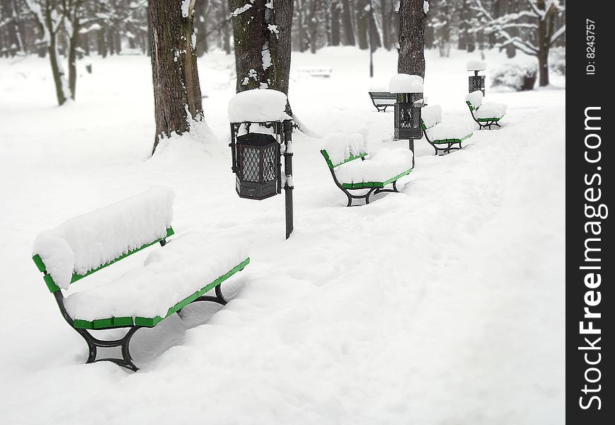 Green bench in park winter time. Green bench in park winter time