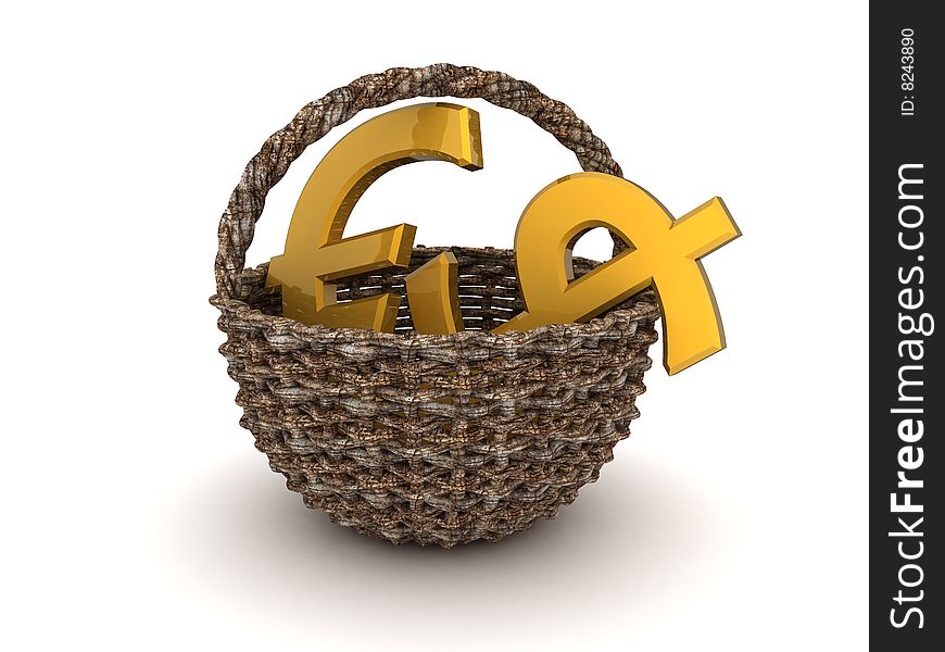 Basket with dollar and euro symbol. Basket with dollar and euro symbol