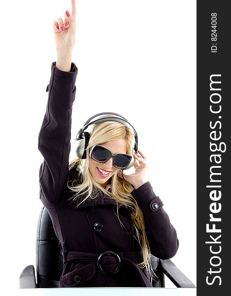 Front View Of Pointing Woman Enjoying Music