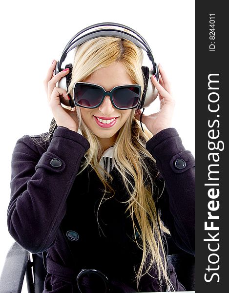 Front View Of Smiling Woman Listening Music