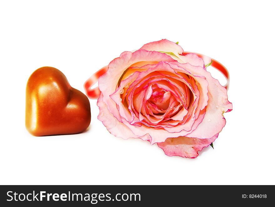 Celebrating love - golden heart chocolate and rose isolated on white. Celebrating love - golden heart chocolate and rose isolated on white