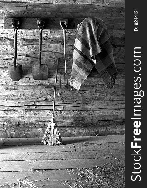 Nostalgic Scene, Broom and Tools in a Barn
