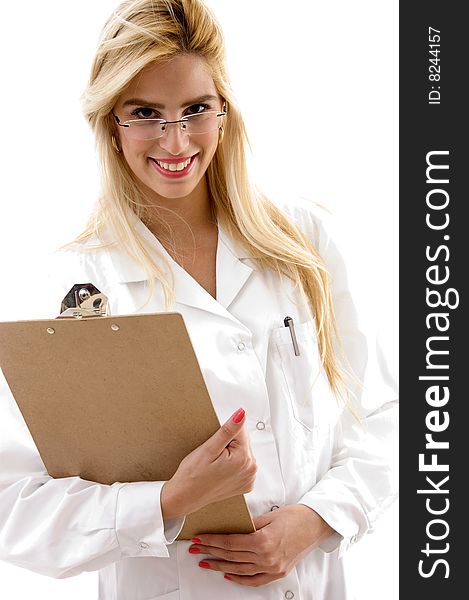 Portrait of smiling female doctor holding clipboard on an isolated background
