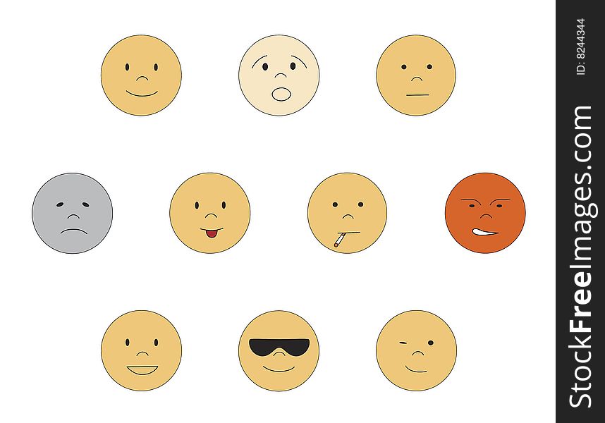 Set of smileys in different emotions, vector illustration.