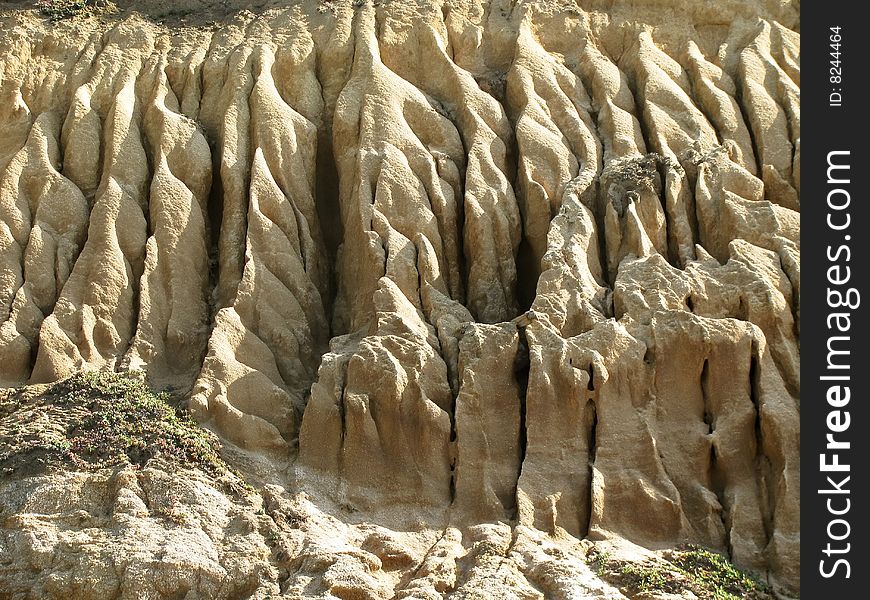 The sand on the side of a cliff along the coast of Northern California forms into pillars. The sand on the side of a cliff along the coast of Northern California forms into pillars.