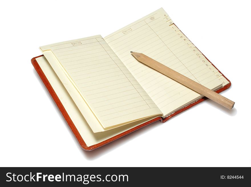 Telephone and address book with pencil on white background. Telephone and address book with pencil on white background