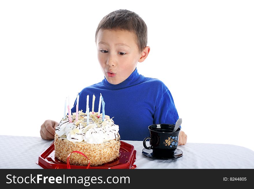 Little boy with birthday cake isolated on white. Little boy with birthday cake isolated on white