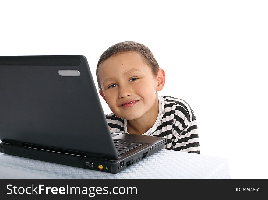 Little boy with notebook isolated on white