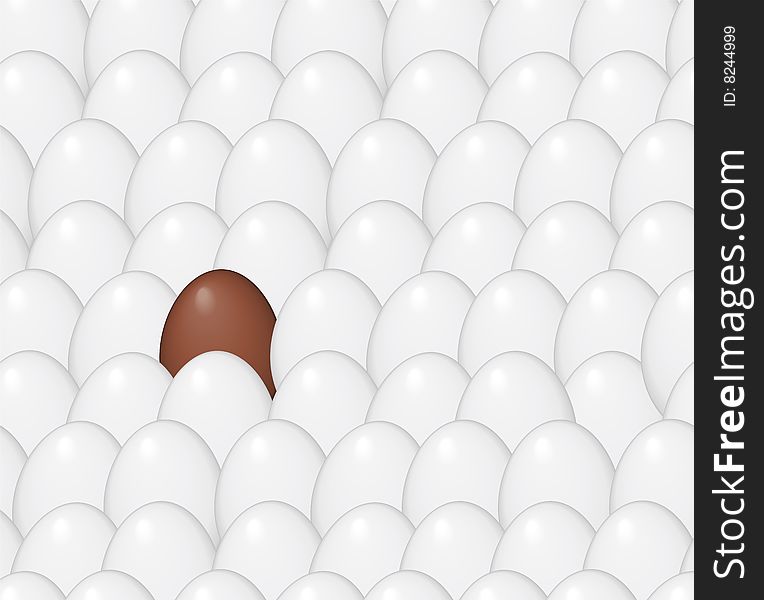 A single chocolate egg among chicken eggs. A single chocolate egg among chicken eggs.
