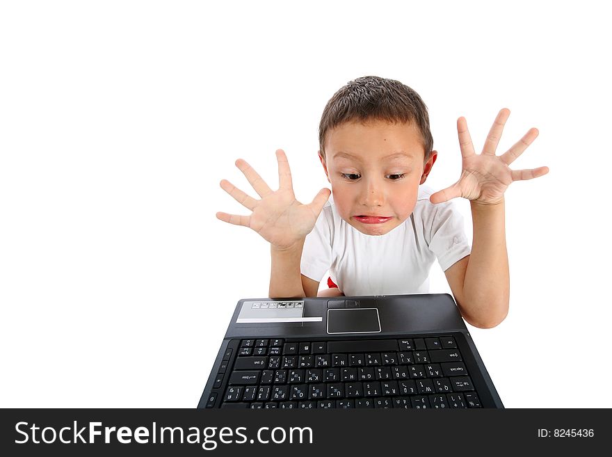 Little boy with notebook isolated on white